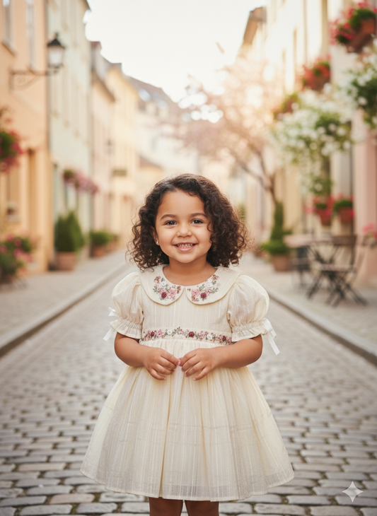 Little girl wearing Angel in Heaven dress outdoors with embroidered collar and puff sleeves.
