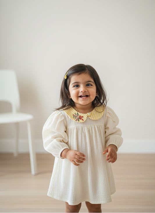 “Toddler wearing ivory dress with gingham hand-embroidered collar – Rui.cares