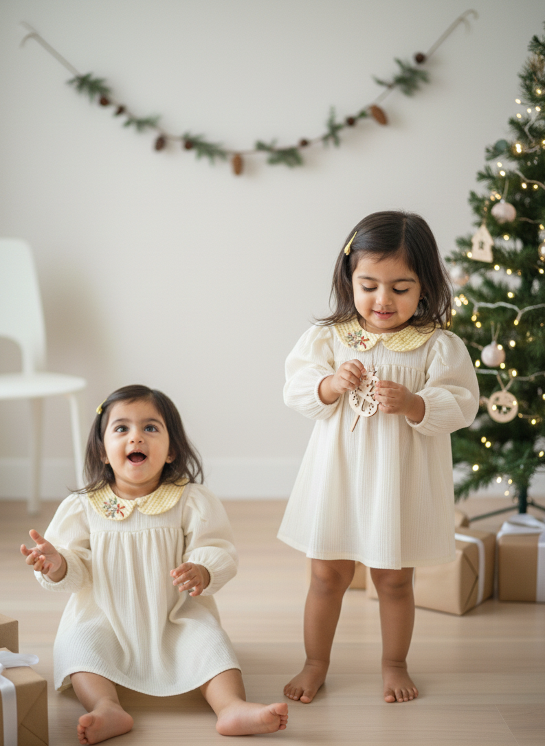 Sisters wearing matching ivory dresses with detachable gingham collars – Rui.cares