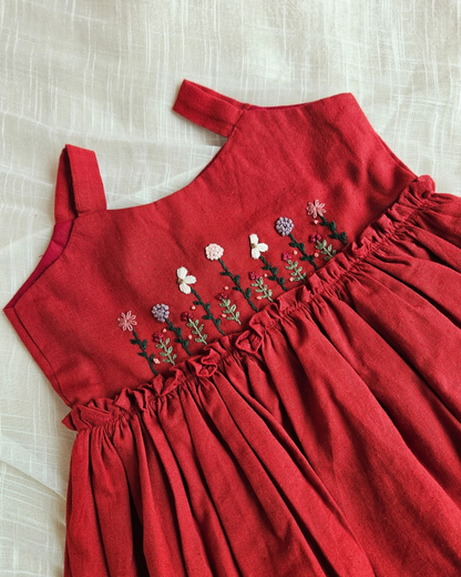 Close-up of floral embroidery on Merry Berry red dress – Rui.cares”
