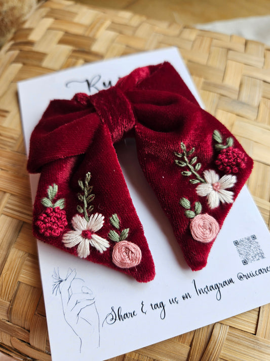 “Red velvet sailor bow with hand embroidered floral and berry design – Rui.cares kids accessory”