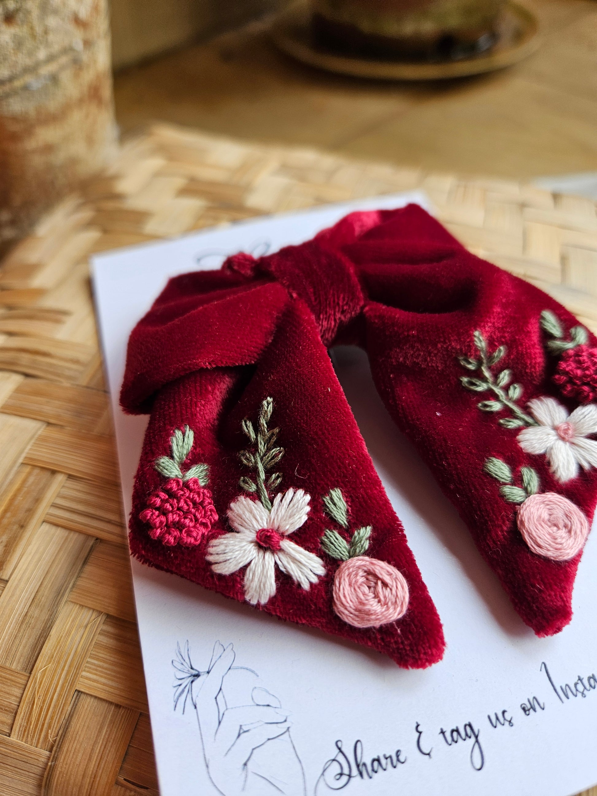 “Red velvet sailor bow with hand embroidered floral and berry design – Rui.cares kids accessory”