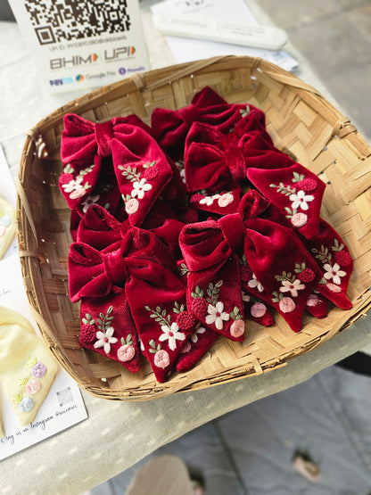 “Red velvet sailor bow with hand embroidered floral and berry design – Rui.cares kids accessory”