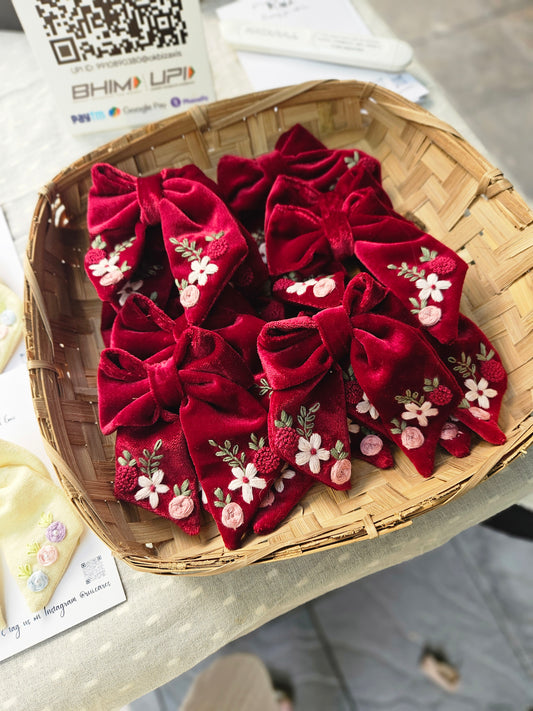 “Red velvet sailor bow with hand embroidered floral and berry design – Rui.cares kids accessory”