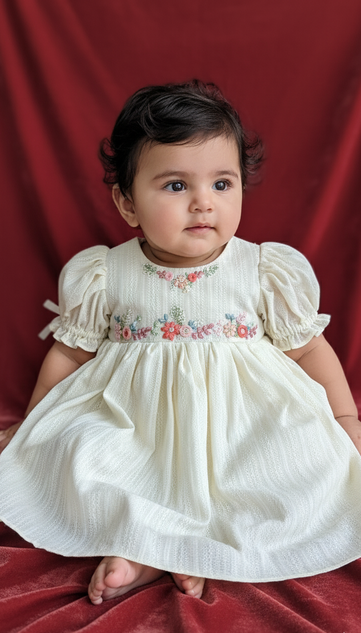 Baby wearing ivory Gardenia dress with hand-embroidered floral detailing on a red backdrop.