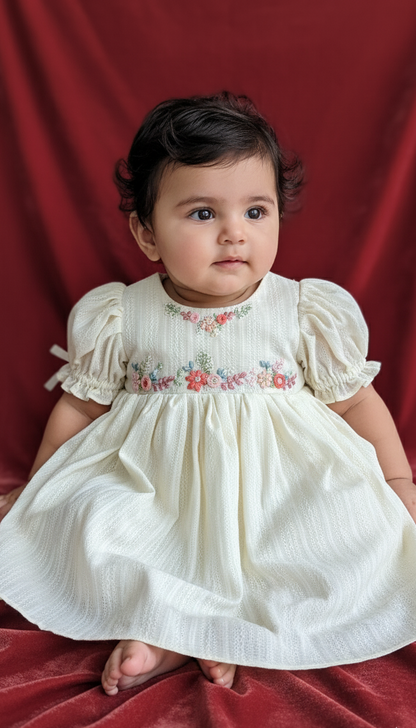 Baby wearing ivory Gardenia dress with hand-embroidered floral detailing on a red backdrop.