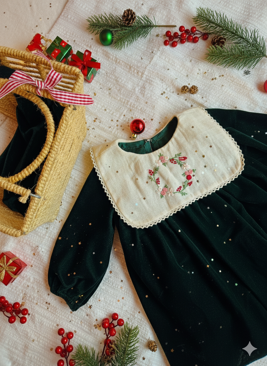 Emerald velvet festive dress for girls displayed with Christmas decor