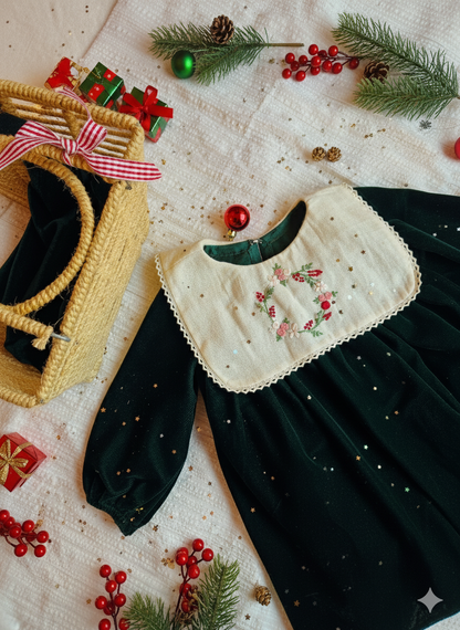 Emerald velvet festive dress for girls displayed with Christmas decor