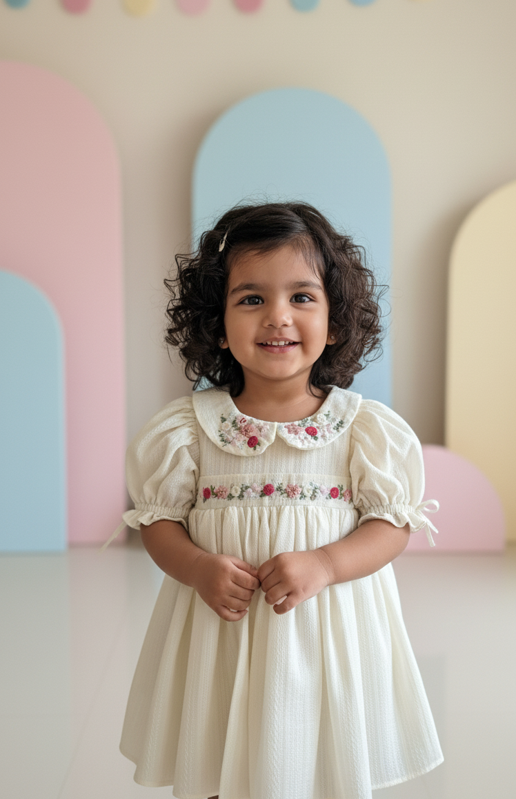 Ivory baby dress with pink hand-embroidered flowers on the collar and waistband, featuring puff sleeves and a customisable back bow – Rui.cares.