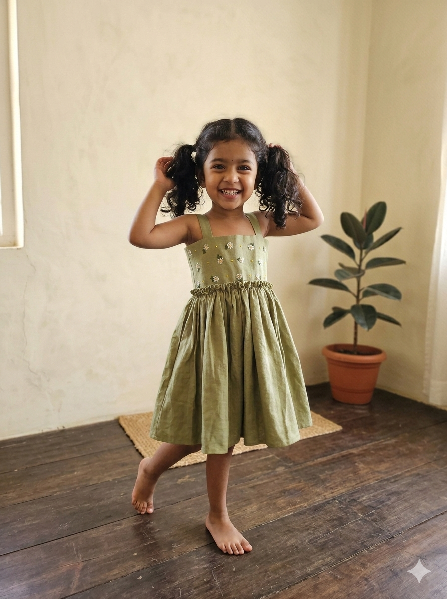 Sage green cotton linen toddler dress with ruched waist and floral embroidery