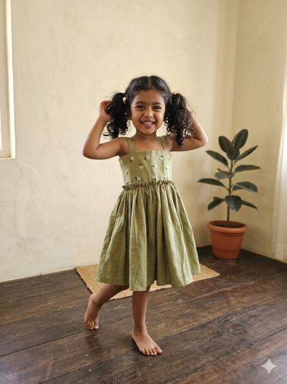 Sage green cotton linen toddler dress with ruched waist and floral embroidery
