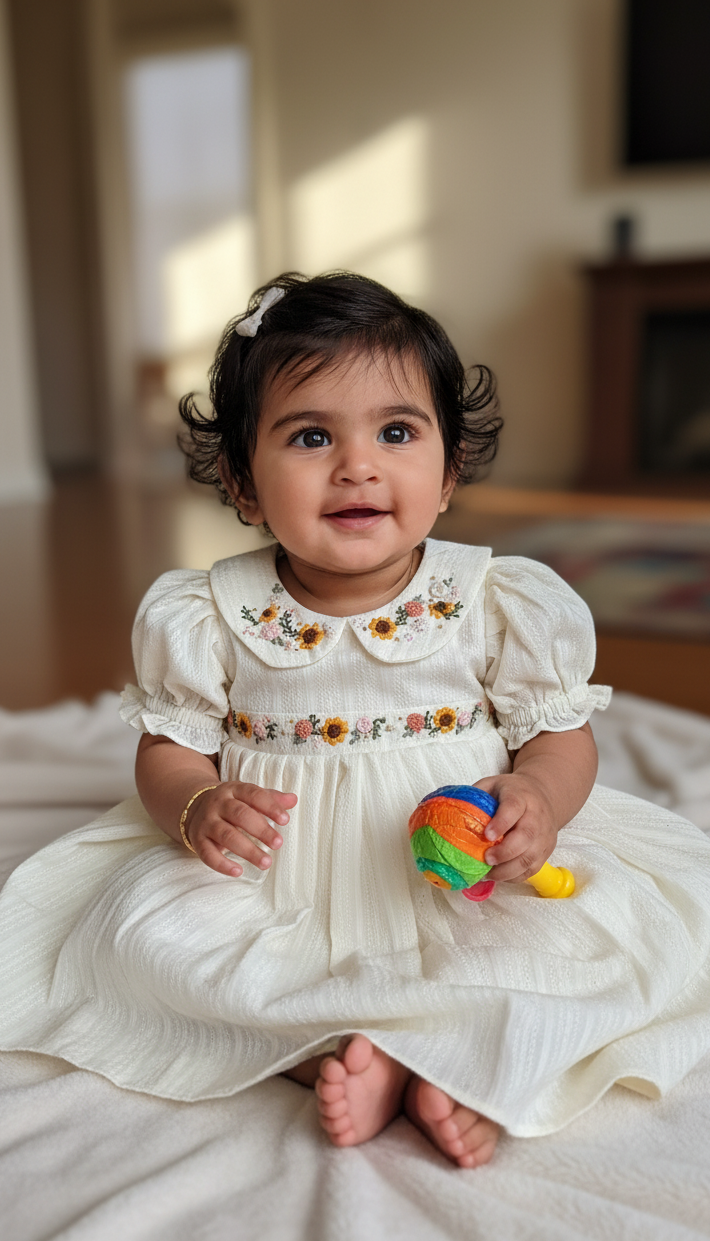 “Ivory baby dress with hand-embroidered sunflowers, roses, and puff sleeves – Rui.cares”
