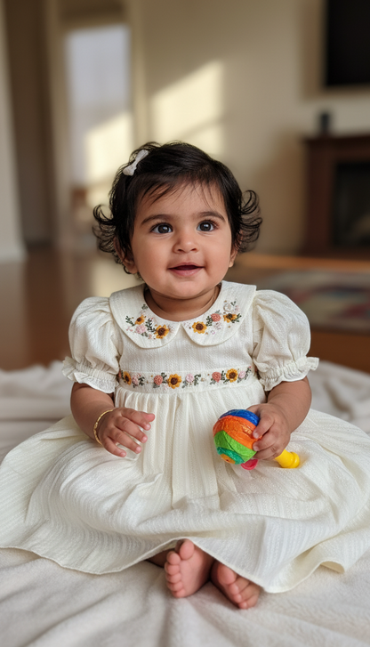 “Ivory baby dress with hand-embroidered sunflowers, roses, and puff sleeves – Rui.cares”