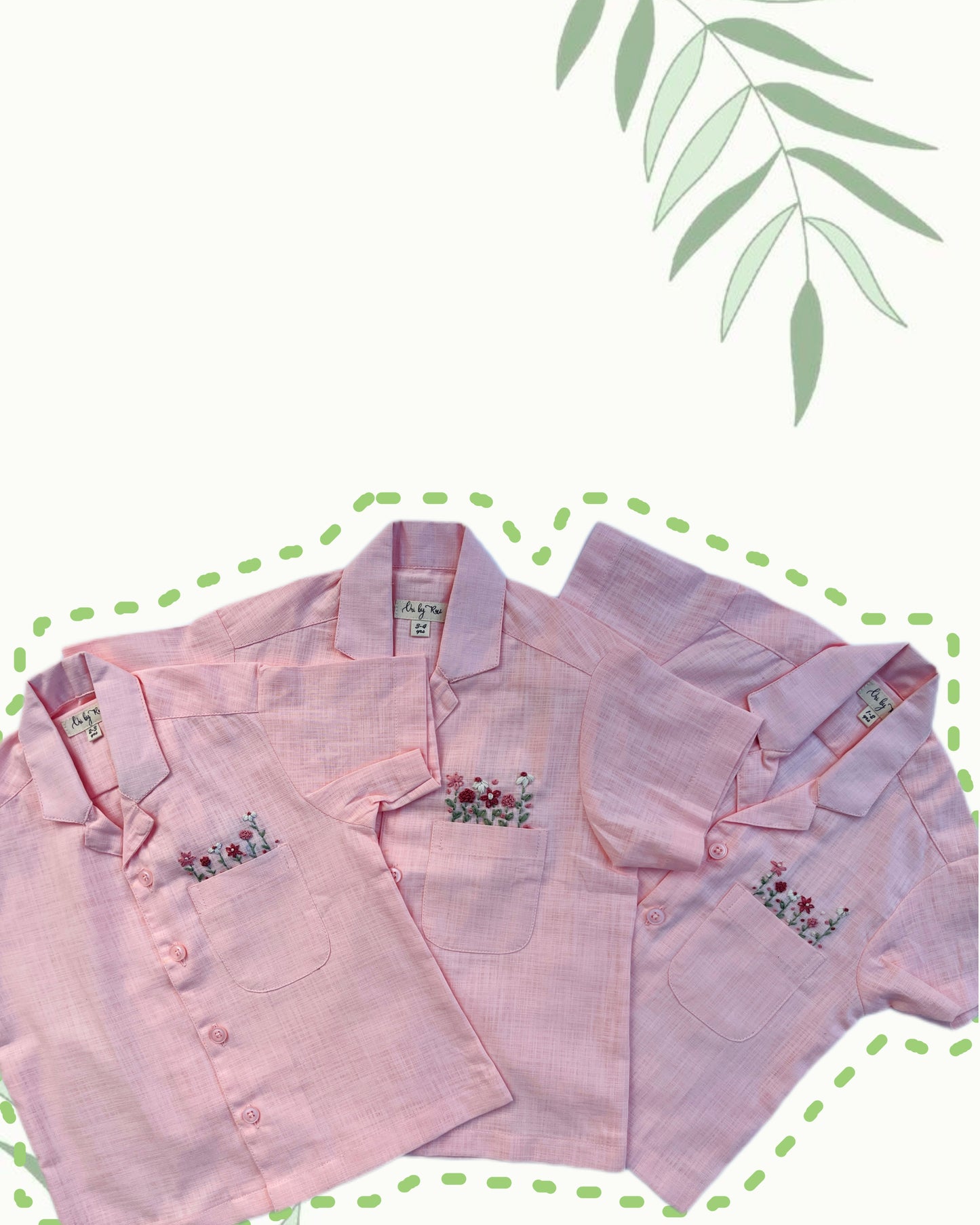 Bubble Gum boys’ embroidered shirts arranged together on a white background with green leaf accents.