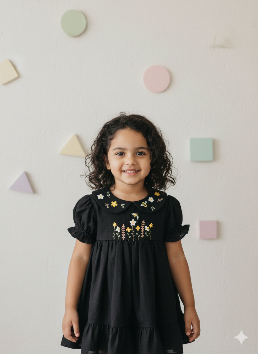 “Toddler wearing black hand-embroidered Little Bee Dress – Rui.cares”