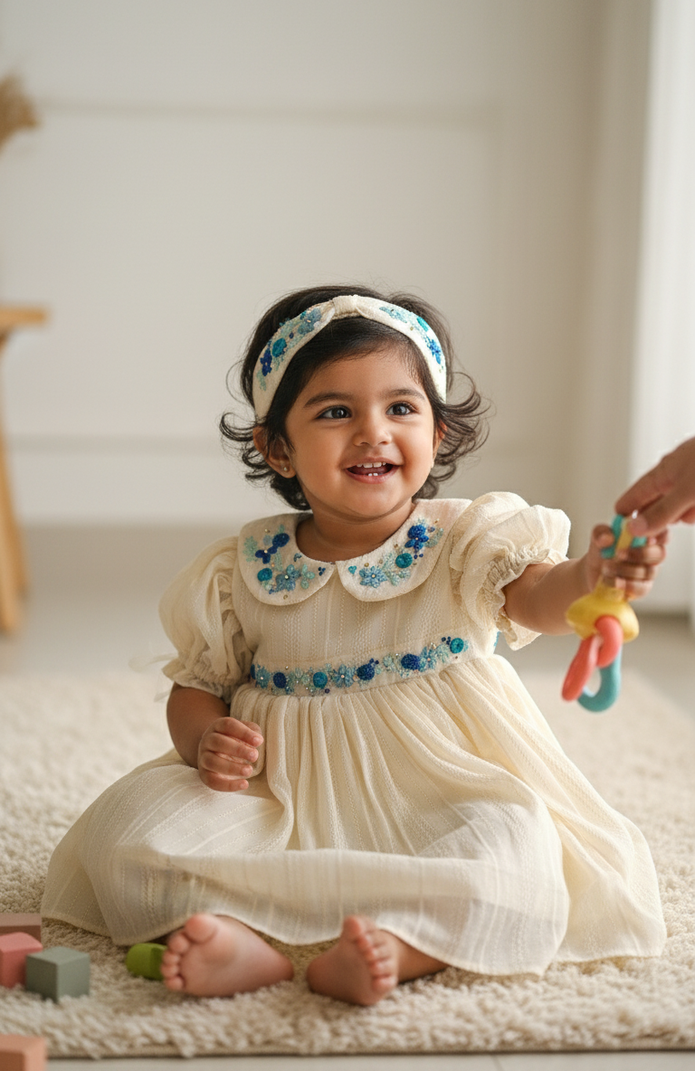 Hand-embroidered kids dress with matching headband – Oceano Angel Set