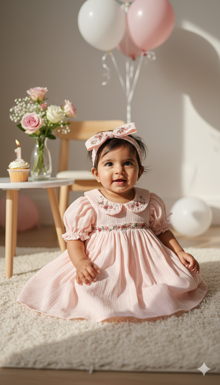 Baby girl wearing Peachy Peep dress at a birthday setup with balloons.