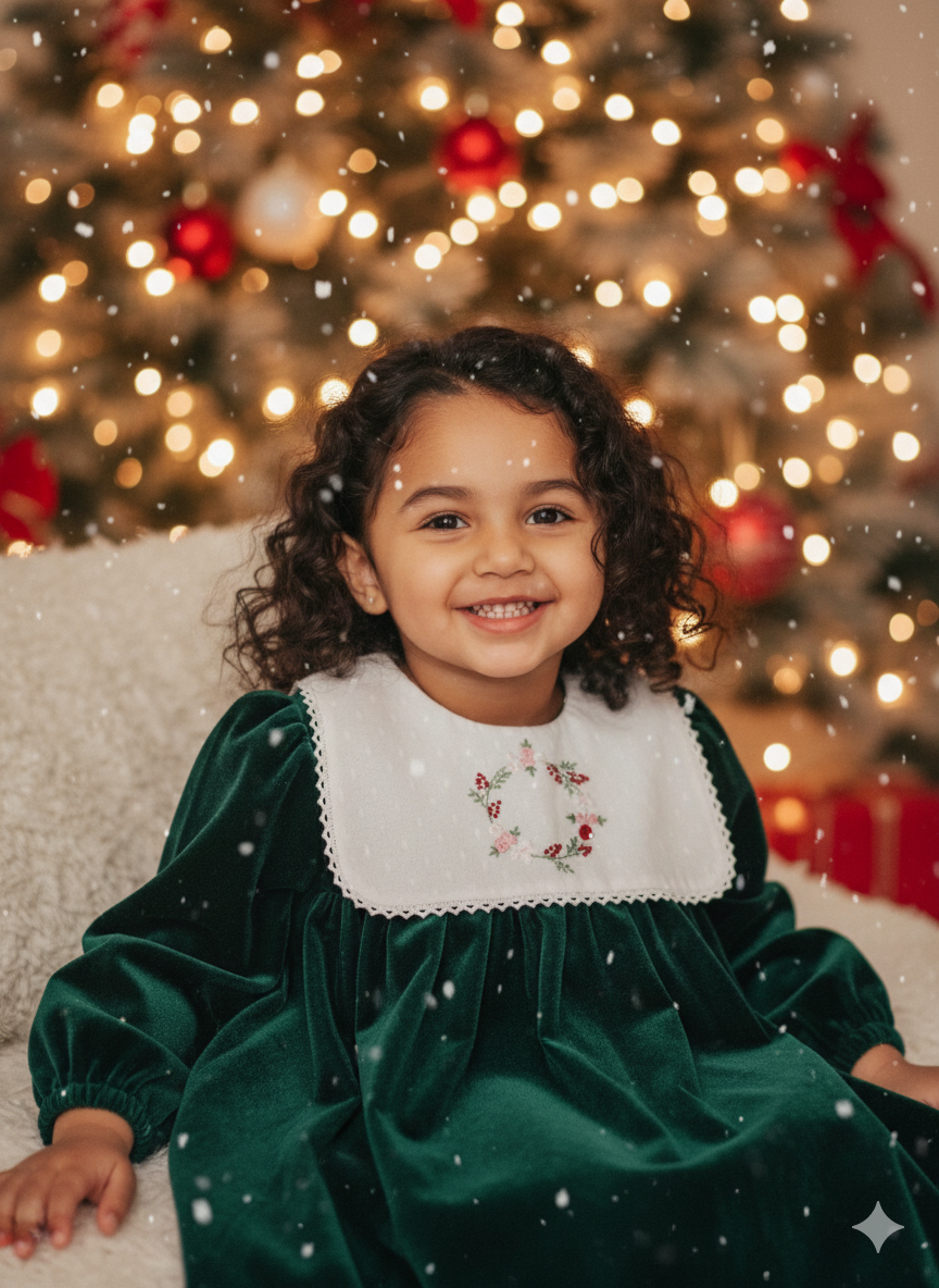 Emerald velvet baby girl Christmas dress with embroidered floral wreath yoke – Rui.cares