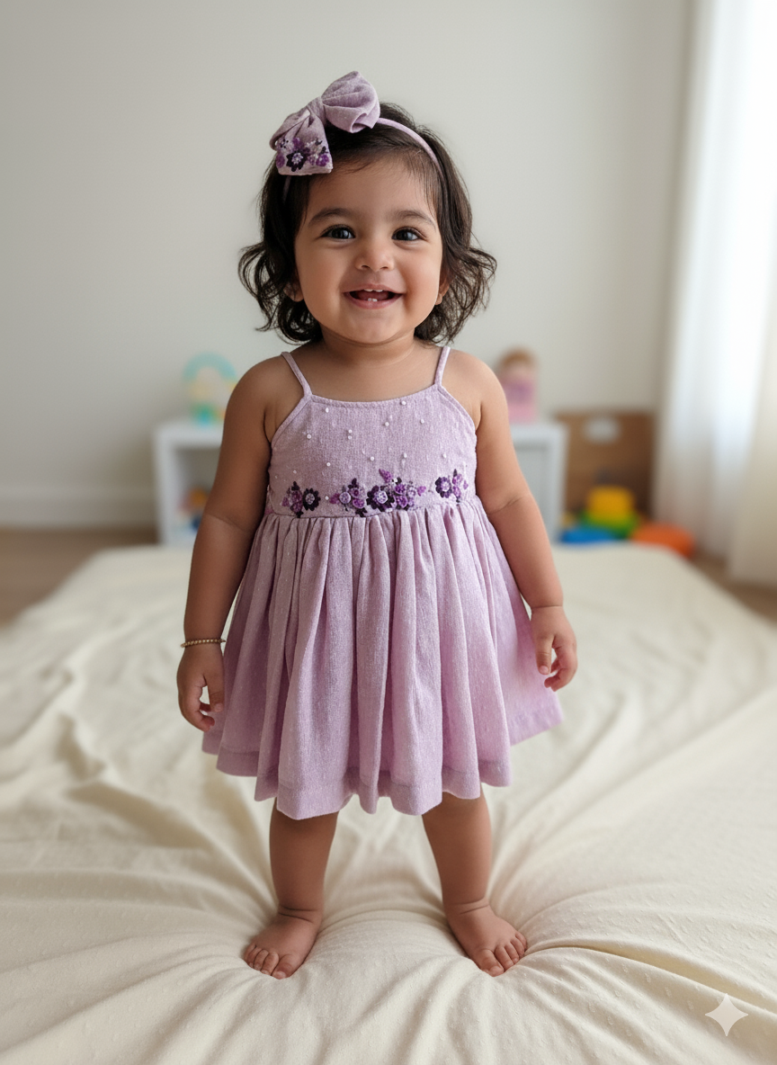Child wearing a purple dress with floral accents standing on a bed.