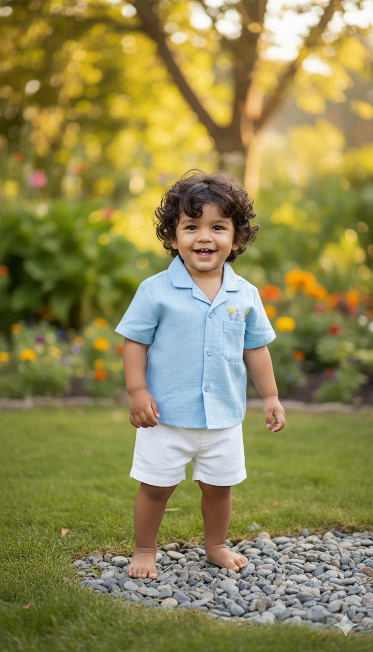 Toddler boy wearing Peeka-Blue embroidered shirt and white shorts outdoors.