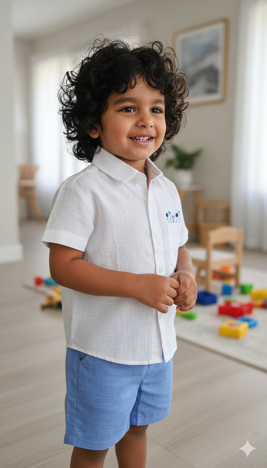 Toddler boy wearing the Summer Salt white embroidered shirt and blue shorts indoors.